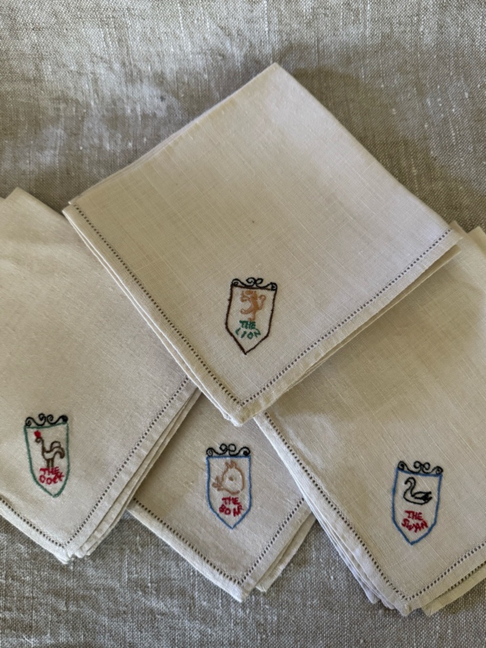 10 MCM embroidered linen cocktail napkins